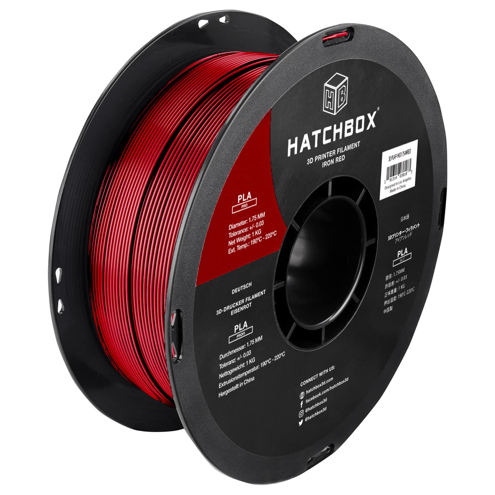 HATCHBOXPLA PRO+ 3D Printer Filament, Dimensional Accuracy +/- 0.03 mm, 1 kg Spool, 1.75 mm, Iron Red