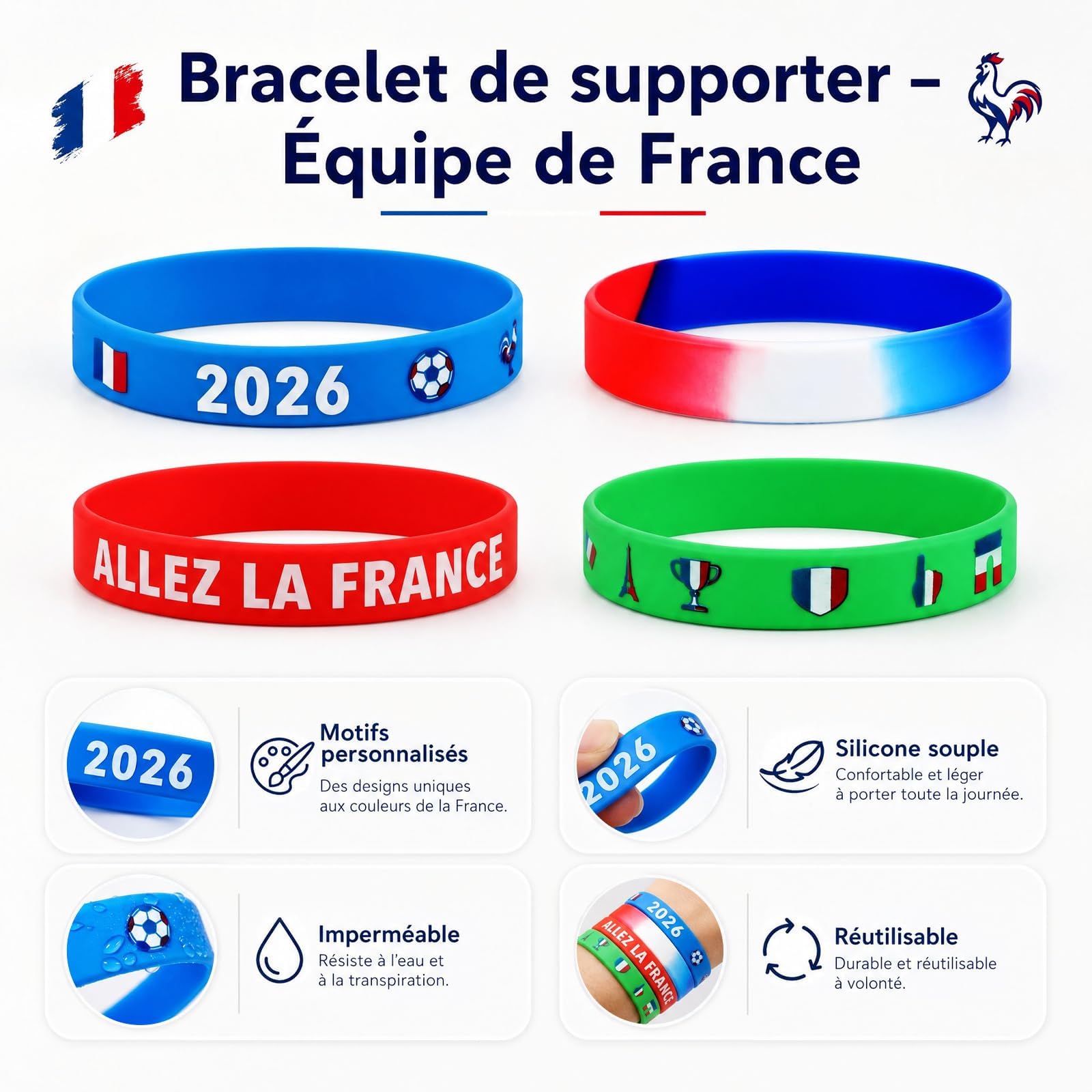 24pcs Bracelet Football Silicone Coupe du Monde 2026 Wristbands Motif Drapeau France pour Fans Supporter France