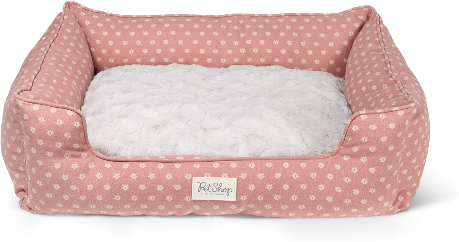 Fringe Studio Ditsy Block Dark Bush 20" W x 19" D x 8" H Small Round Cuddler Cat/Pet Bed 100% Cotton Canvas Exterior w/Faux Fur Interior, Machine Washable, PetShop Collection (203017)