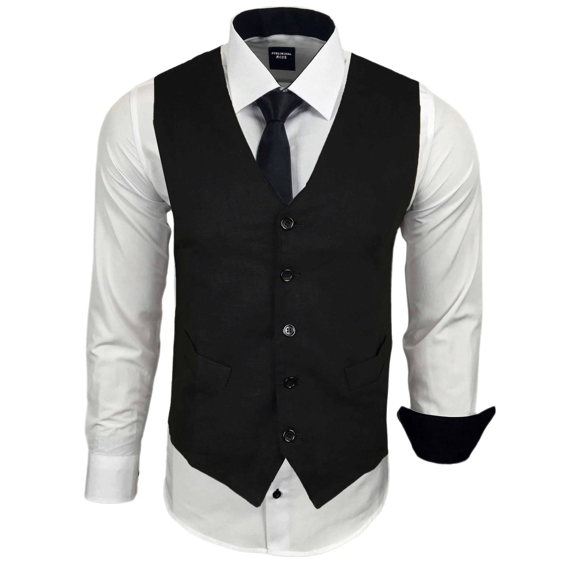 Subliminal Mode – Planchado fácil chaleco + camisa + corbata para hombre, cuello bicolor, liso, manga larga, corte delgado para negocios, idea de regalo RN33