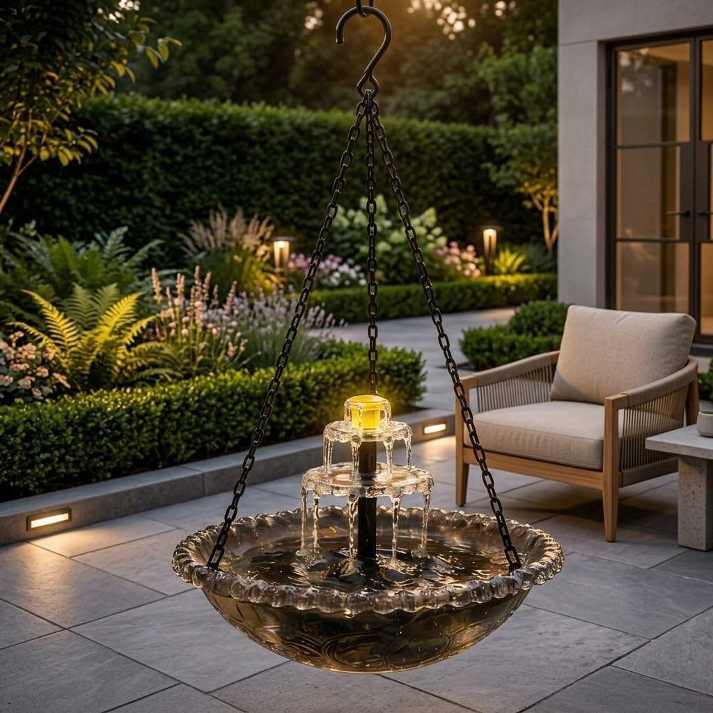 Solar Hanging Bird Bath Fountain with Solar Pump, Cascading Outdoor Water Fountain with Glass Bowl, Decorative Hanging Bird Bath for Garden, Yard, Patio, Porch, Tree (Grey)