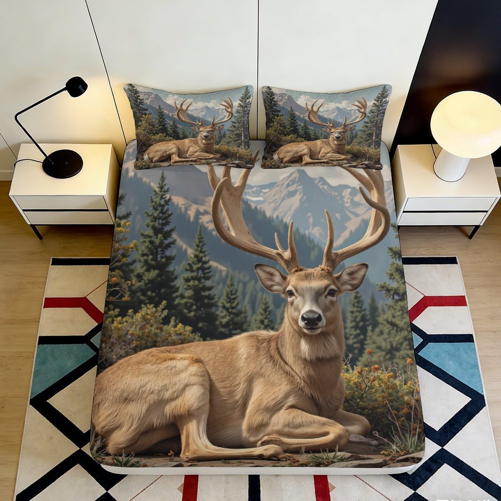 3D Printed Forest Deer Fitted Sheet Microfiber Soft Breathable Mountain Landscape Bed Cover for Bedroom Dorm Decor 90x200x25cm