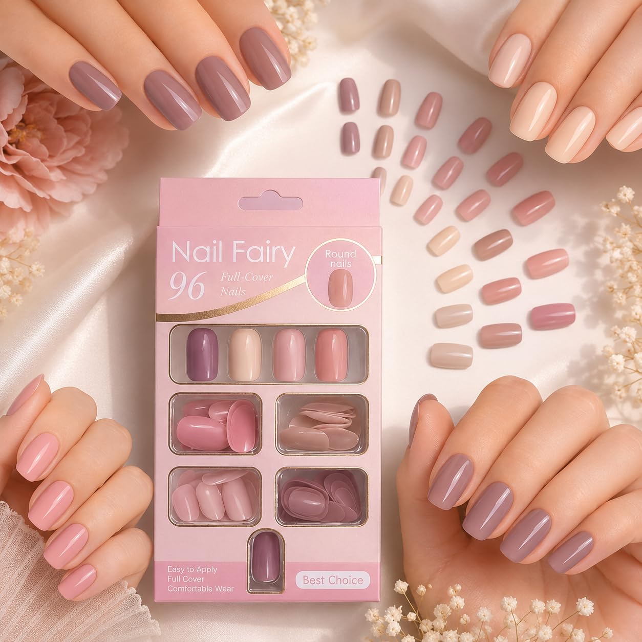 Coslifestore 96 Press On Nails | Reusable Nude and Pink Nail Tips 1