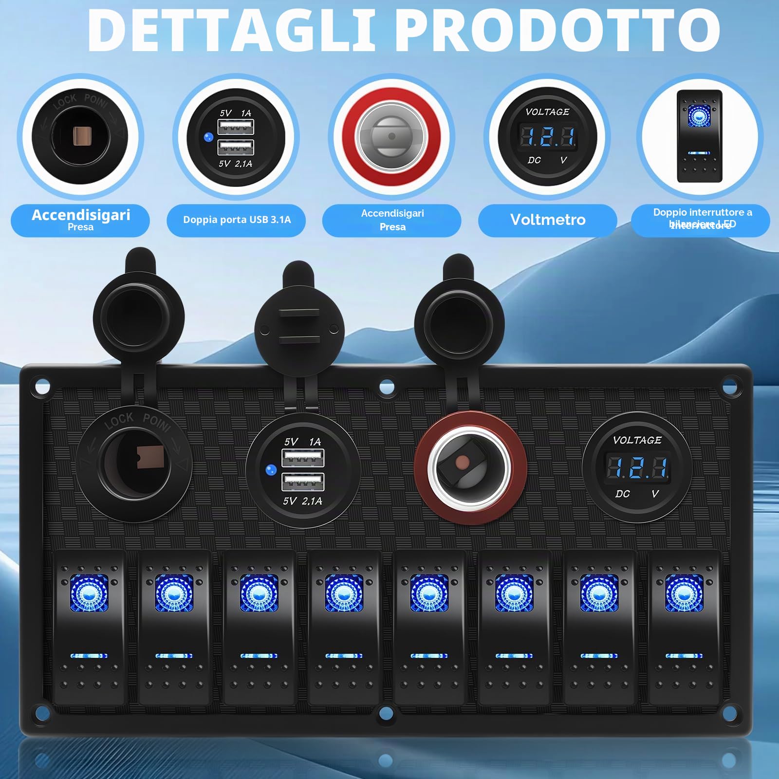 Geloo Pannello Interruttore a Bilanciere a 8 gang Impermeabile 4 in 1 multi-funzione, interruttore a levetta per Auto, Barca, Camper (Blue)