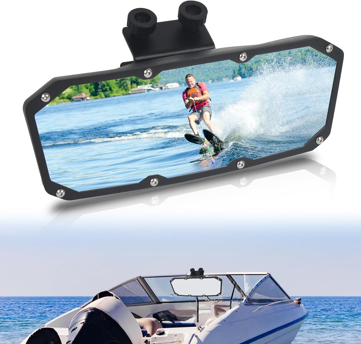 Boat Rearview Mirrors 4.3" x 11",Universal Marine Mirror,Wide-angle Convex Rear View Boat Mirror for Ski Boats, Speedboat,Pontoon Boat, Wakeboarding,Surfing with Windshield Frames(Black)