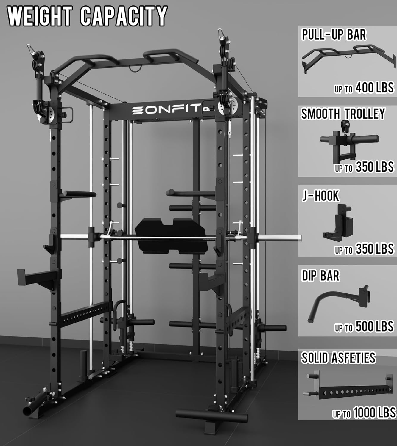 Eonfit E5 Smith Machine with Vertical Leg Press, Power Cage Squat Rack with LAT-Pull Down Cable Crossover Rotating Arms System Home Gym Equipment All in One