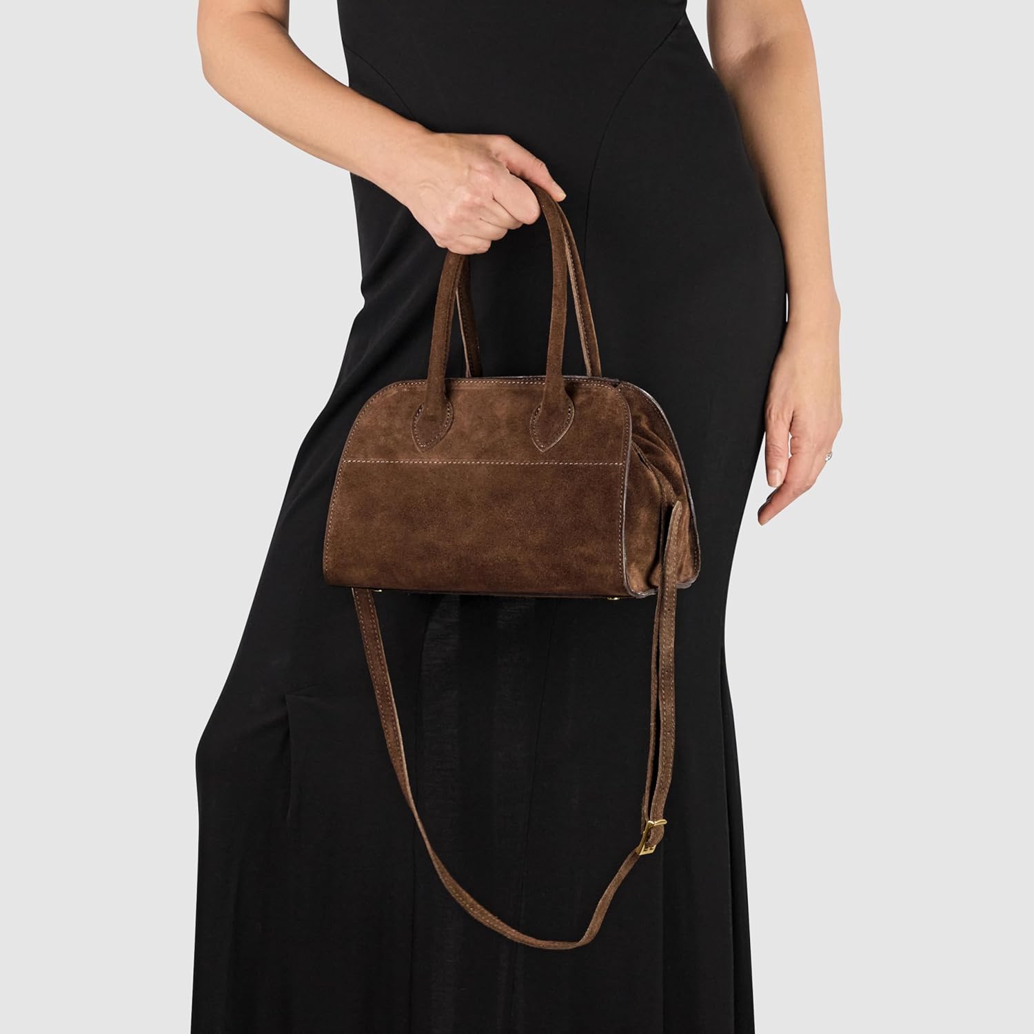 Italian Genuine Suede Top-Handle Bag for Women with Zipper & Adjustable Strap | Medium Structured Satchel Handbag