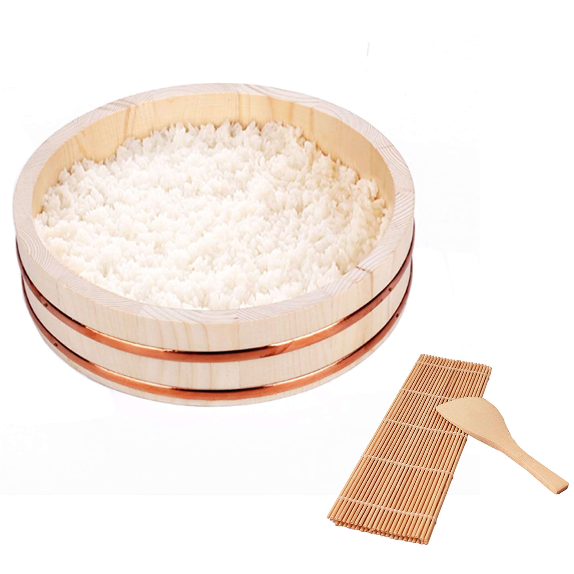 Hangiri Sushi Oke pojemnik do mieszania ryżu, zestaw do robienia sushi z Hangiri X1, bambusowa mata do zwijania sushi x 1, łopatka do ryżu x 1 - drewno sosnowe/60 x 16 cm