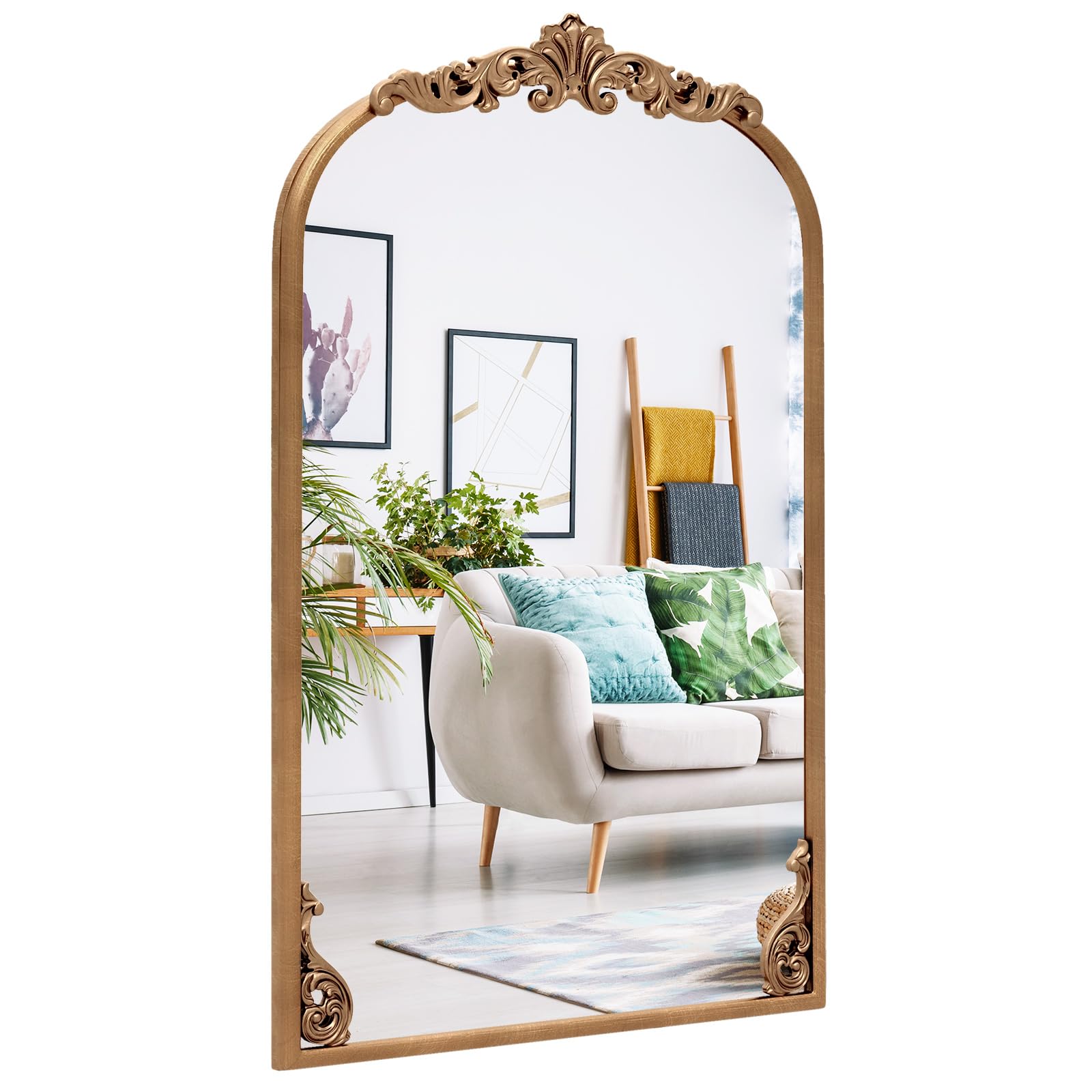 Multigot Decorative Wall Mirror, Baroque Ornate Arched Makeup Mirror with Hanging Hooks, Vintage Wall Mounted Mirrors Metal Frame Vanity Mirrors for Bathroom Living Room (Antique Gold,76 x 51cm)