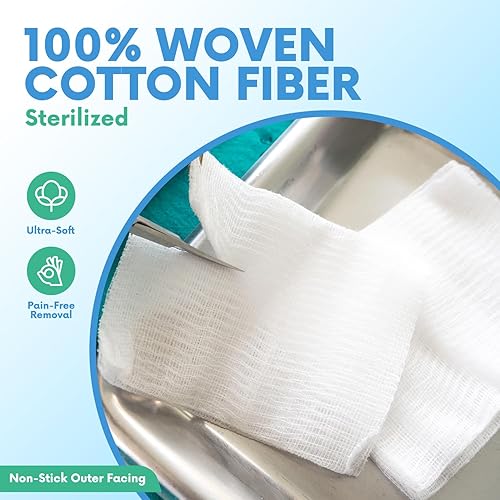 Miniatura 2 de Almohadillas de gasa estériles grandes de 4 x 4, paquete de 50 unidades, algodón tejido de 12 capas, esponjas de gasa médica envueltas
