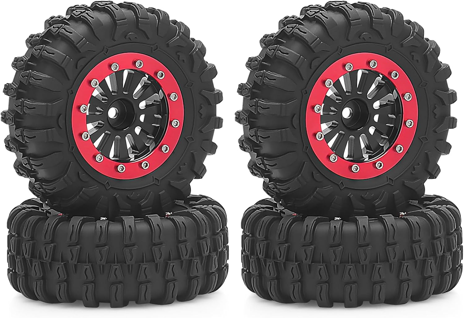 daitoku 1.3 Beadlock Wheels and Tires 1.3" RC Wheel Tires Set for 1/18 1/24 Trx4m SCX24 RC Crawler Car (4PCS) - Red