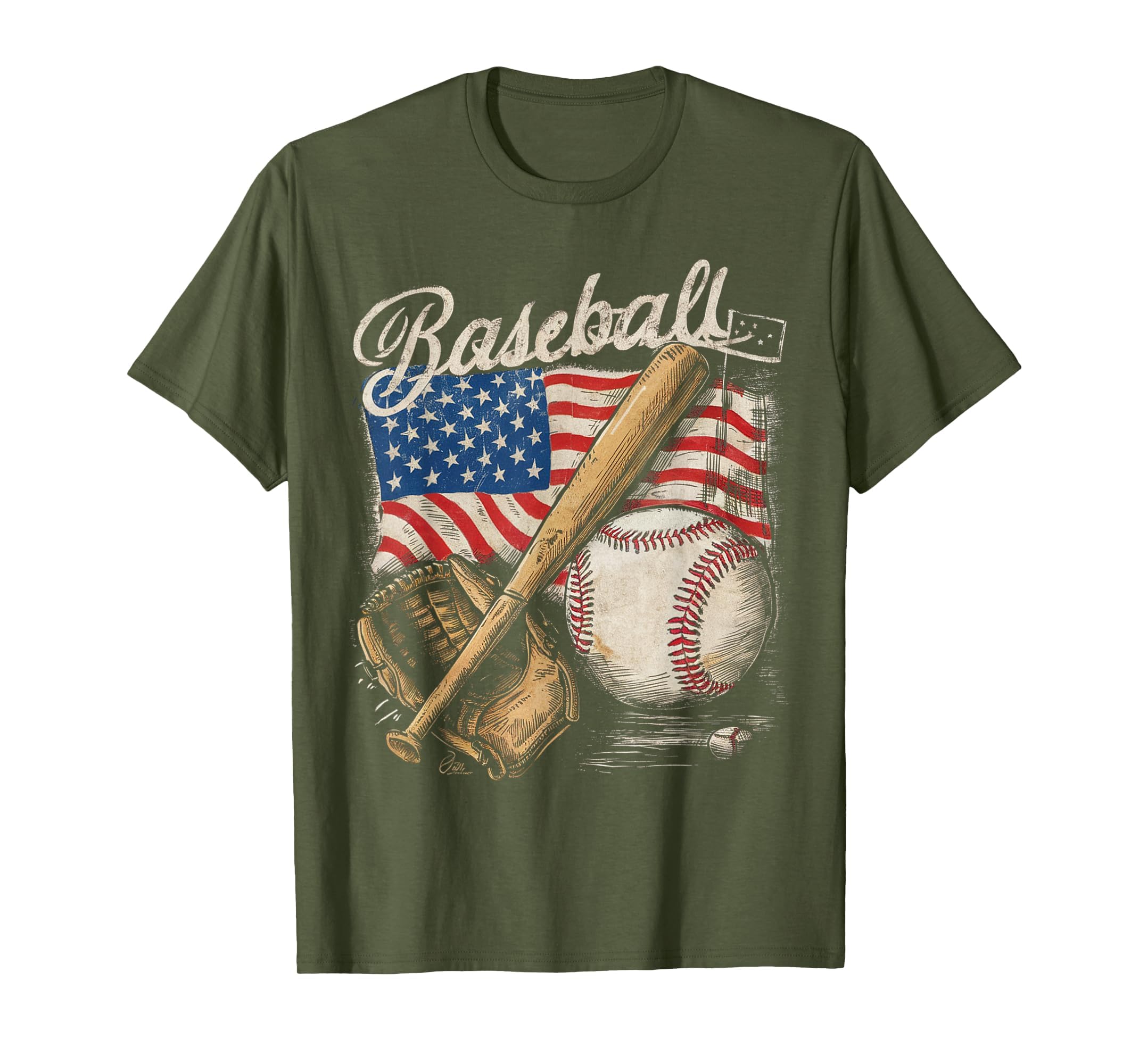 American Flag Baseball Player Bat Fan Catcher Pitcher USA T-Shirt