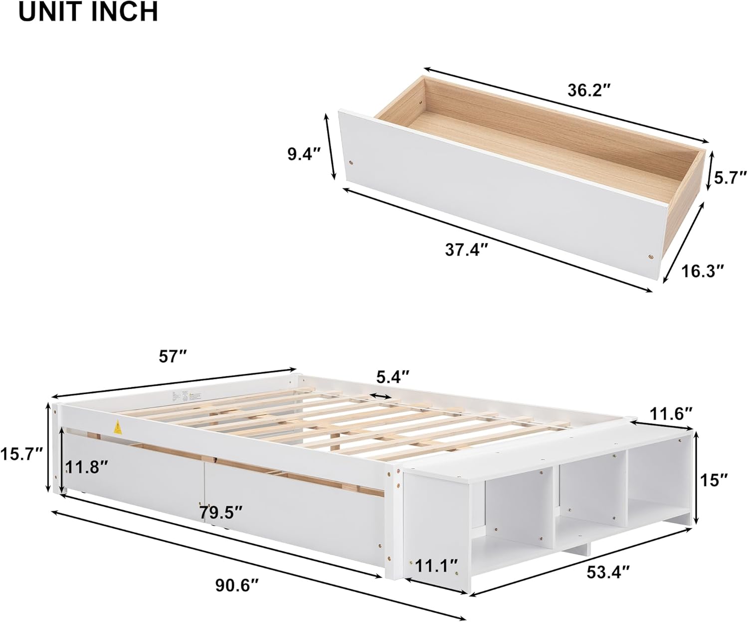 Full Size Bed with Storage Case,Storage Platform Bed Frames with Bed-end Storage Case,2 Drawers and Storage Shelves,Full Storage Bed with Wood Slats Support,White