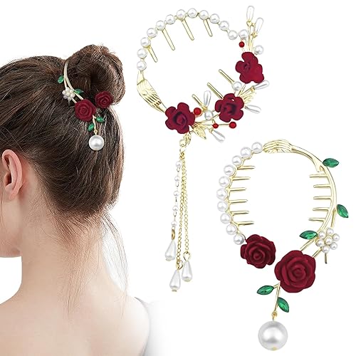 2 pinzas para el pelo con borla de flores rosas, perlas, pasadores de pelo de metal francés, vintage, cola de caballo alta, accesorios decorativos