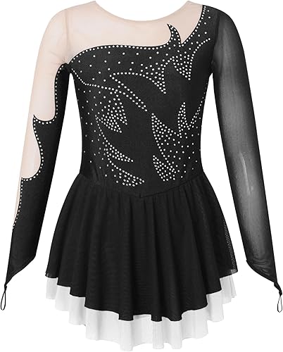 JEATHA Vestido de patinaje sobre hielo con diamantes de imitación, malla de empalme, tutú, falda de leotardo, vestido de baile