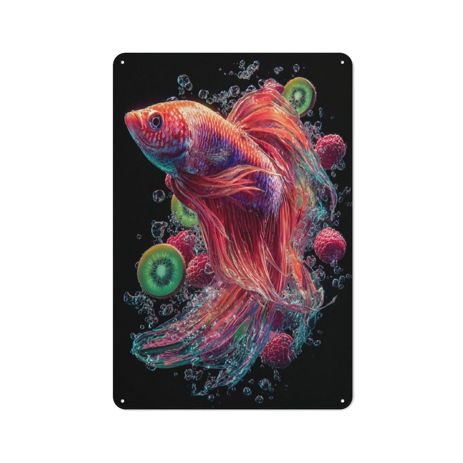 Junmoney Betta Fish With Fruits Metal Sign 30X20cm With For Workshop Wall, Rustic Decor, Wall Decoration For Workshops And Hobby Rooms