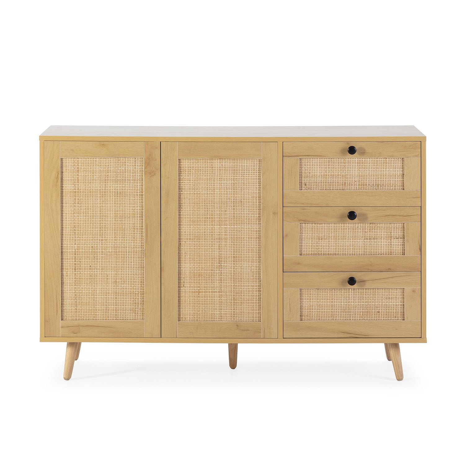HOMN LIVING Aparador Bella 3 cajones y 2 Puertas Color Roble, guías metálicas, 120 cm (Ancho) 38 cm (Profundo) 76 cm (Altura)