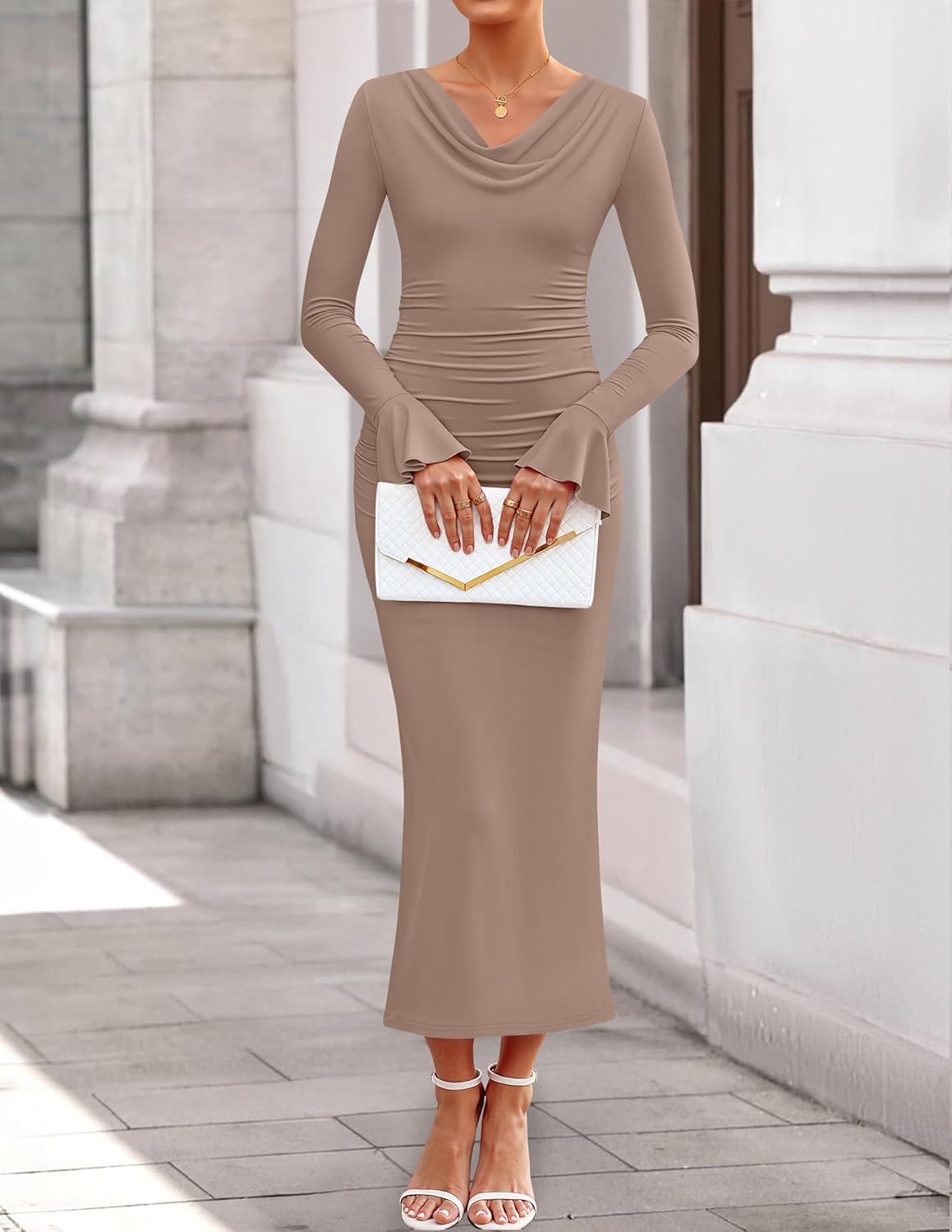 ZESICA Women's 2026 Fall Long Sleeve Ruched Knit Bodycon Maxi Dress Cowl Neck Back Slit Formal Wedding Guest Cocktail Dresses - Image 5