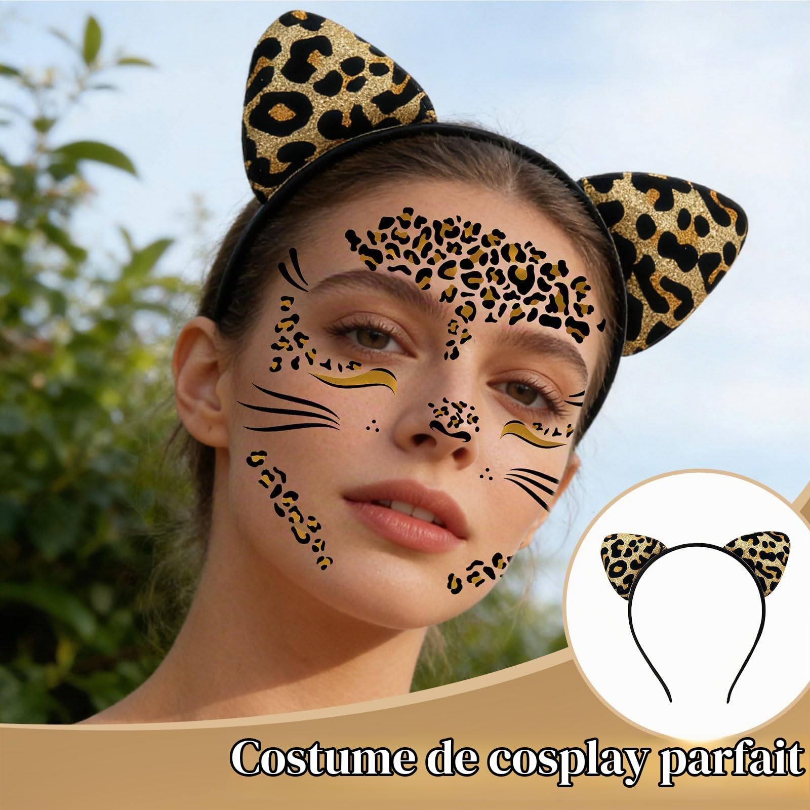 Ensemble de Costume léopard pour Femmes, Serre-tête Oreilles de léopard avec 3 Tatouages faciaux différents pour fête de Carnaval Accessoires léopard