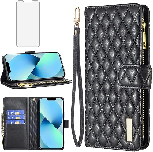 Asuwish Funda de teléfono para iPhone 13 Pro de 6.1 pulgadas con protector de pantalla de vidrio templado y tarjetero de cuero con tapa para