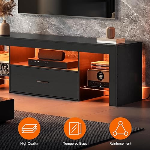 Miniatura 7 de HOOBRO Soporte de TV LED con tomas de corriente para TV de hasta 65 pulgadas, centro de entretenimiento para videojuegos con estantes de vidrio y