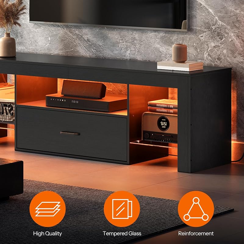 HOOBRO LED TV Stand with Power Outlets to 65 inch TV, Gaming Entertainment Center with Glass Shelves and Large Drawer, Modern Media TV Console Table for Living Room Bedroom, Black BB14UDDS01G1 image 7