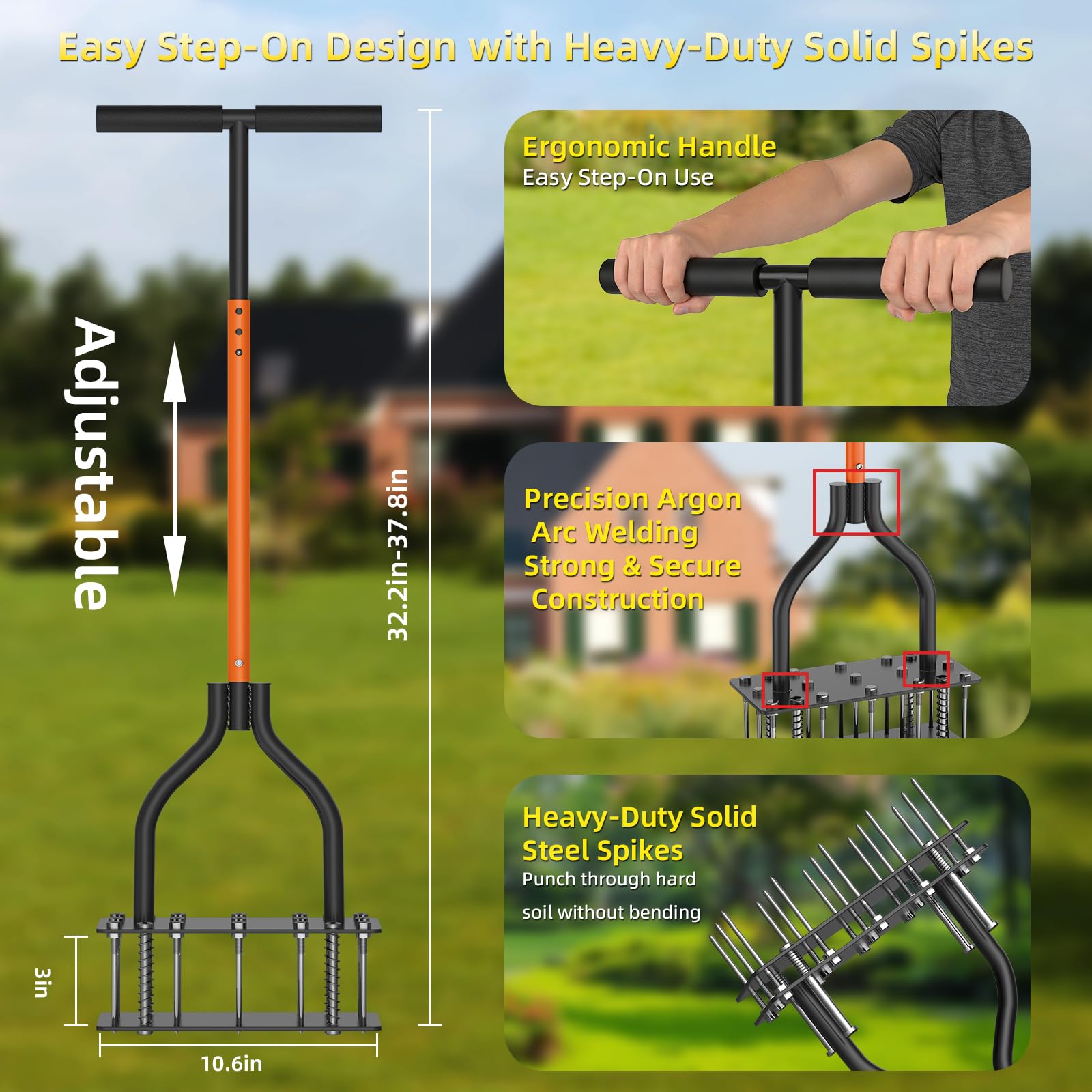 Lawn Aerator Tool with Dual-Layer Self-Cleaning Spikes, 15 Spike Heavy Duty Manual Lawn Aerator for Compact Soil, Anti-Clog Grass Aerator for Yard, Garden & Lawn Care - 3