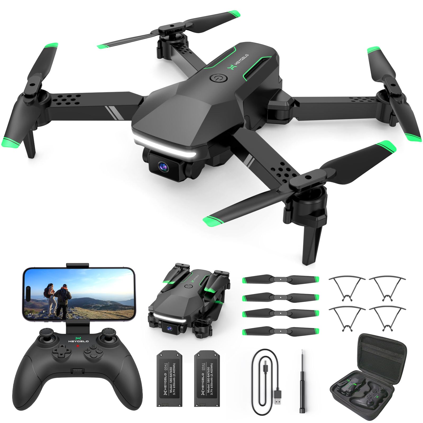 Photo 1 of Heygelo S80 Drone with Camera for Adults, Foldable 1080P HD Mini Drones for Kids Beginners, RC Helicopter Toys/Gift for Boys with Full Guards, Auto-hovering, Voice Control, 2 Batteries, Carrying Case S80 Drone with Carrying Case