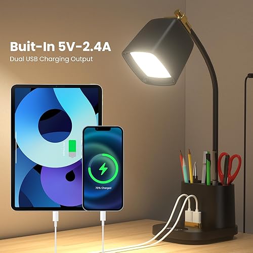 Miniatura 4 de Lámpara de escritorio con puerto de carga USB y soporte para bolígrafo, luz LED de escritorio para oficina en casa, regulable al tacto, ideal para