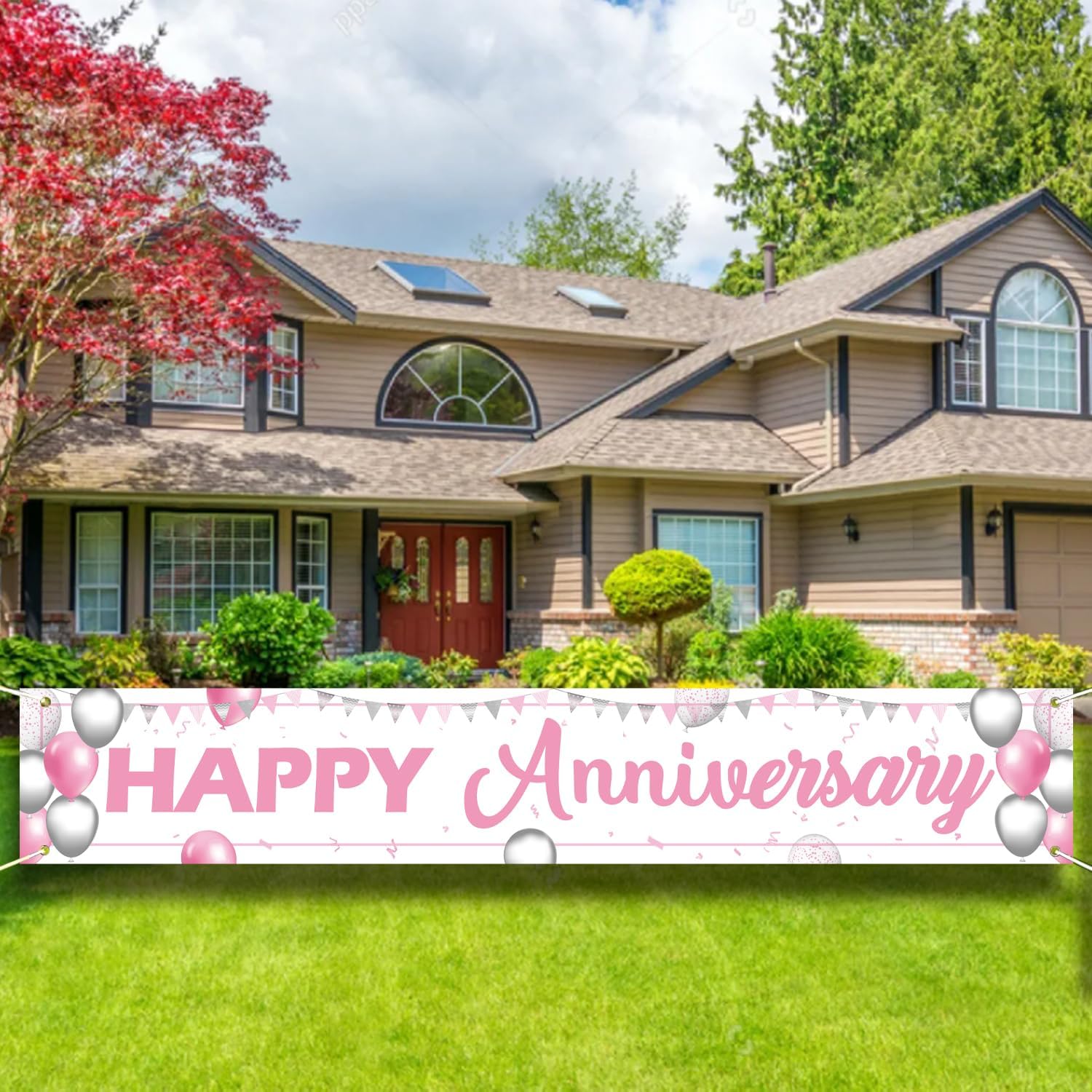 Happy Anniversary Banner Sign - 9.8x1.6FT Wedding Decor for Couples, White& Pink Outdoor Yard Party Decorations for Men & Women.