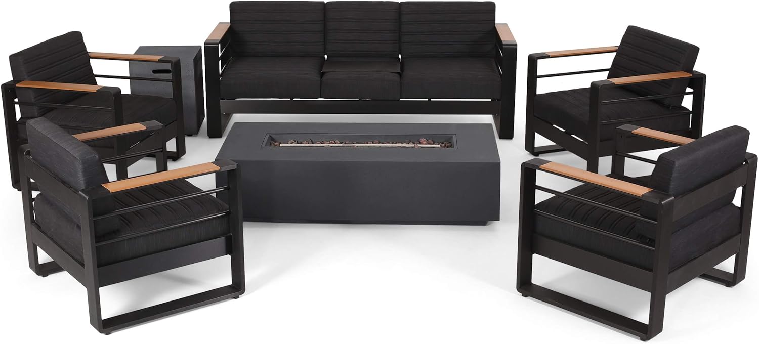 Giovanna Outdoor 7 Seater Chat Set with Fire Pit - Aluminum - Black/Natural/Dark Gray