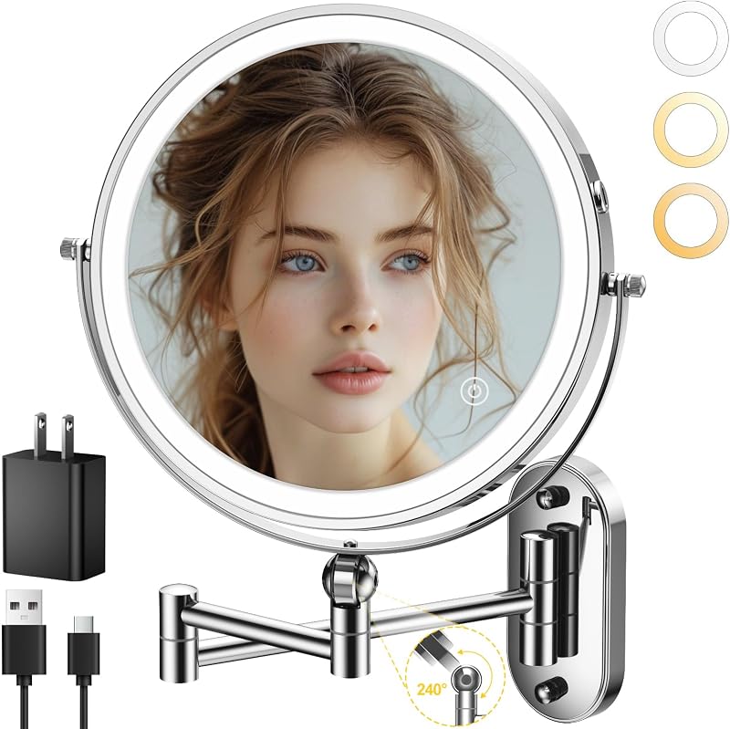 Espejo de maquillaje iluminado montado en la pared de 9 pulgadas, espejo de aumento recargable de doble cara 1X/10X de 4000 mAh con luz, 3 luces de color, regulable al tacto, espejo de maquillaje montado en la pared con rotación de 360 ​​grados de brazo extendido