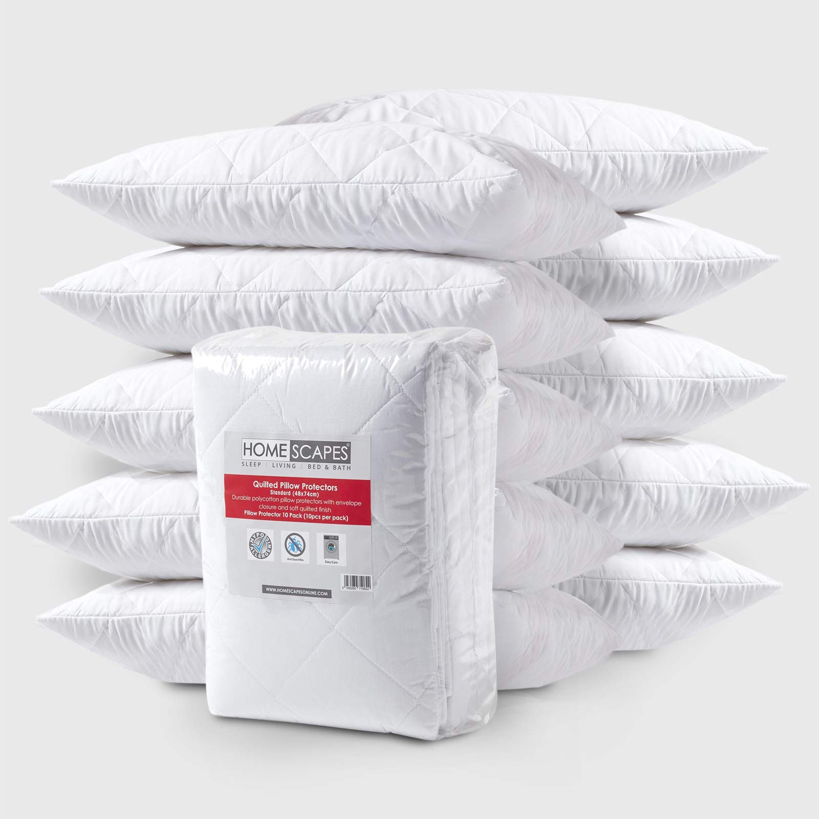 Homescapes White Pillow Protectors 10 Pack Quilted Top Pillow Covers Super Soft Hypoallergenic And Anti-Dust Mite Protectors With Diamond Quilting 48 X 74 Cm