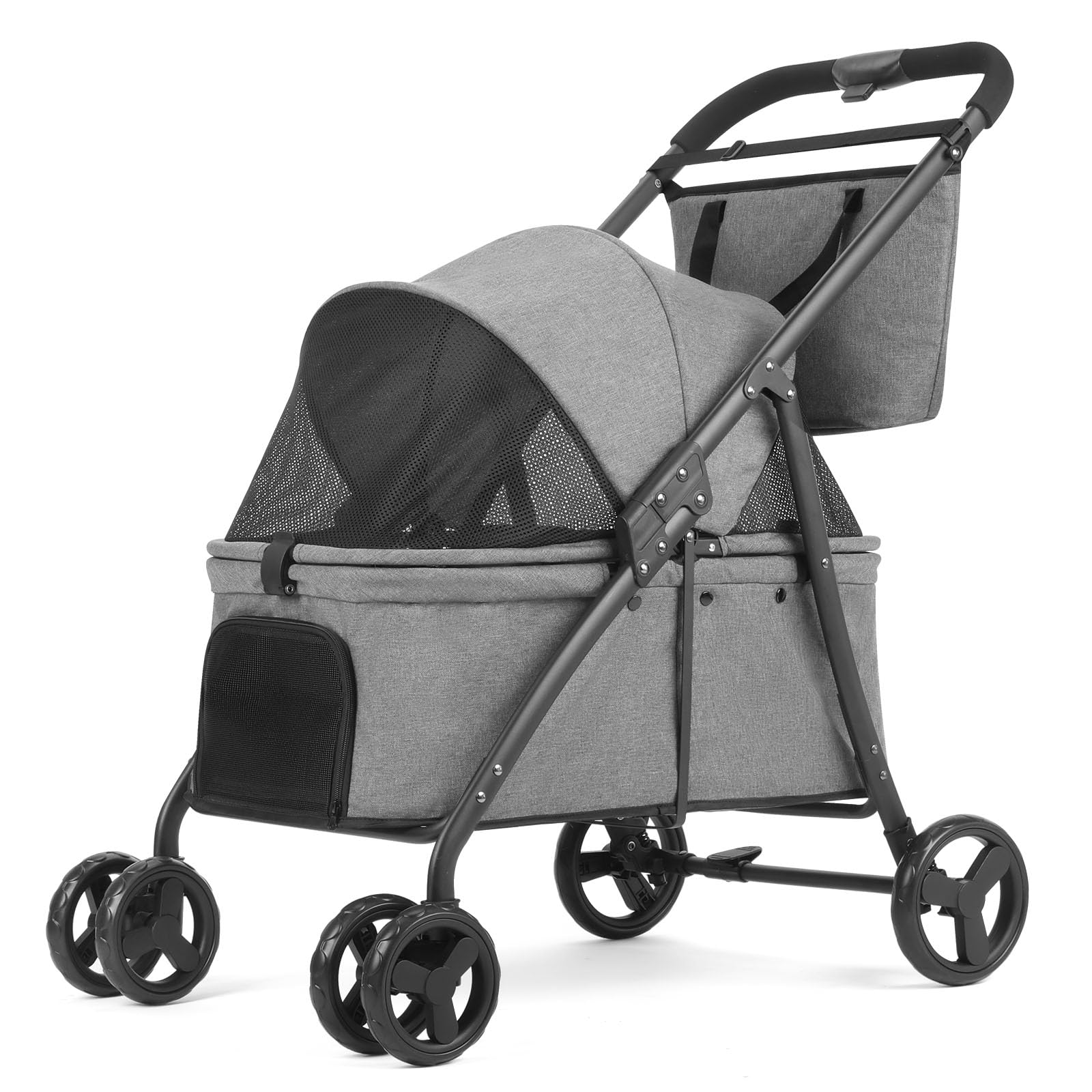 AESRAOU Dog Travel Stroller with 4 Heavy Duty Wheels, Foldable Pet Stroller with Adjustable Handle - Double Doggie Capacity Jogger Wagon with Back Front Door for Small Medium Dogs (Dark Grey) — image 1