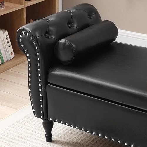 Miniatura 85 de Polibi Banco de almacenamiento para dormitorio, otomana tapizada de terciopelo con diseño de botones armados enrollados, banco largo para ventana de