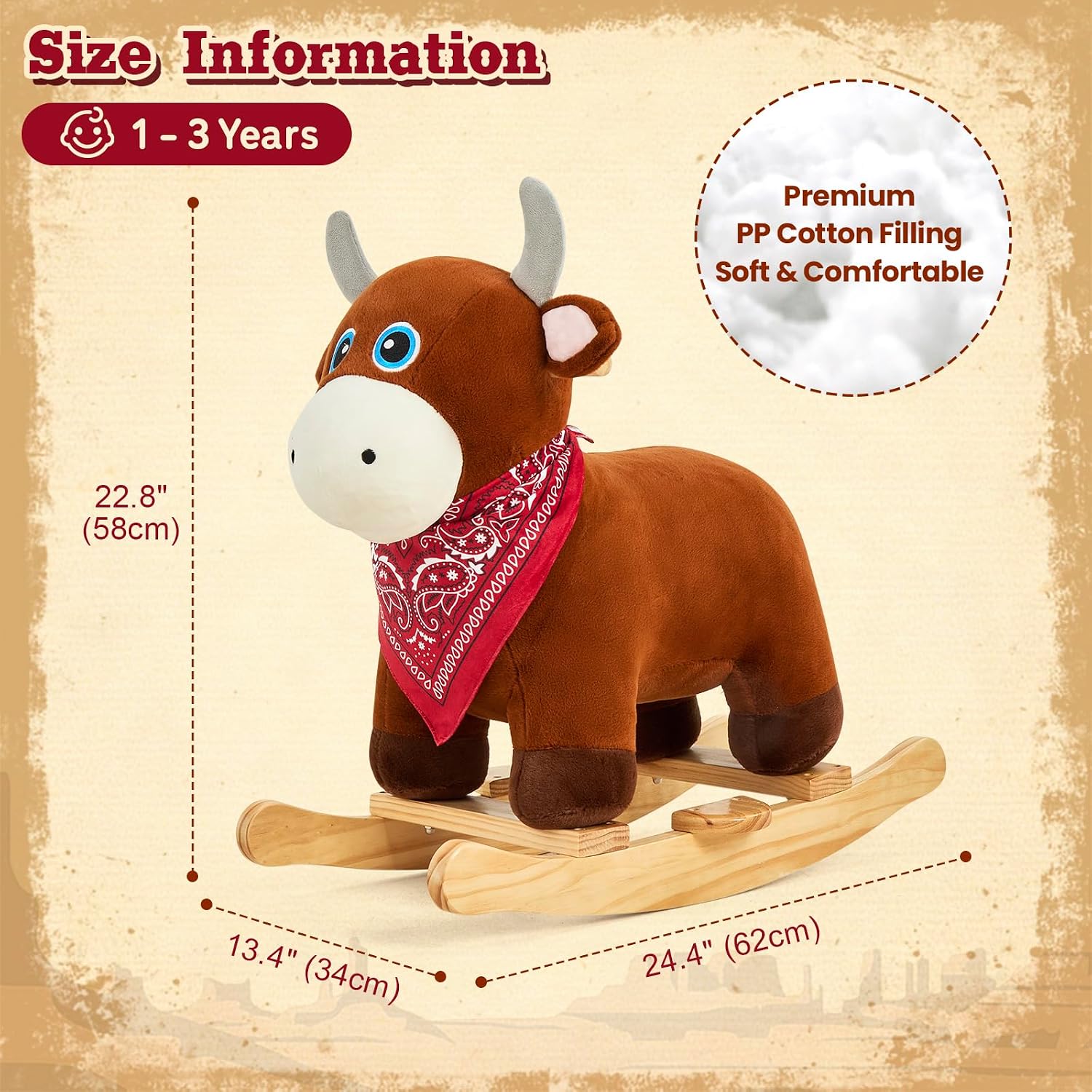 FUNLIO Bull Rocking Horse Ages 1-3, Wild Baby Rocking Horse with Cuddly Head & Bright Sparkling Eyes, Stuffed Plush Ride-on Baby Rocker, Easy to Assemble, CPC & CE Certified