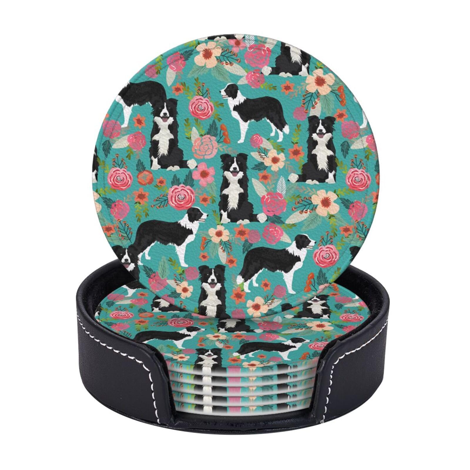 Round Coasters for Drinks Set of 6 - PU Leather Coasters with Holder - Modern Drink Coasters for Coffee Table - Border Collie Florals Coaster for Tabletop Protection 4" Cup Mat Pad