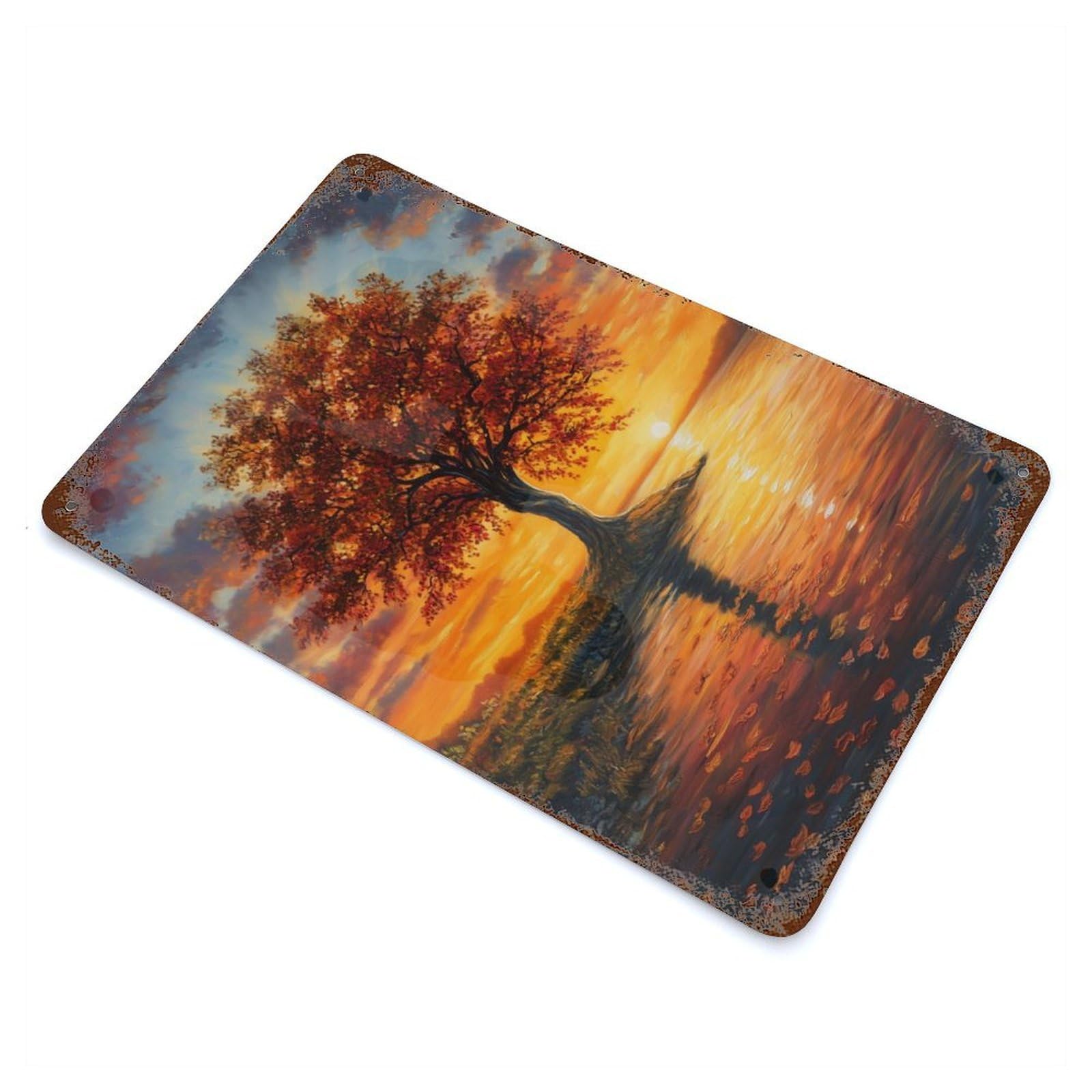Tree by Sunset at Autumn Distressed Metal Wall Sign 11.8"x7.9", for Farmhouse, Kitchen And Entryway Decor, Rustic Home Decor