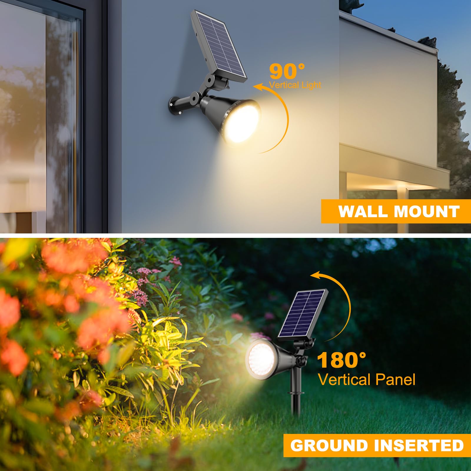 Faretti solari per esterni, 36 LED per illuminazione paesaggistica solare con 2200 mAh, luci per esterni auto on/off, 2 in 1, da parete o da terra, ad energia solare, per cortile e giardino