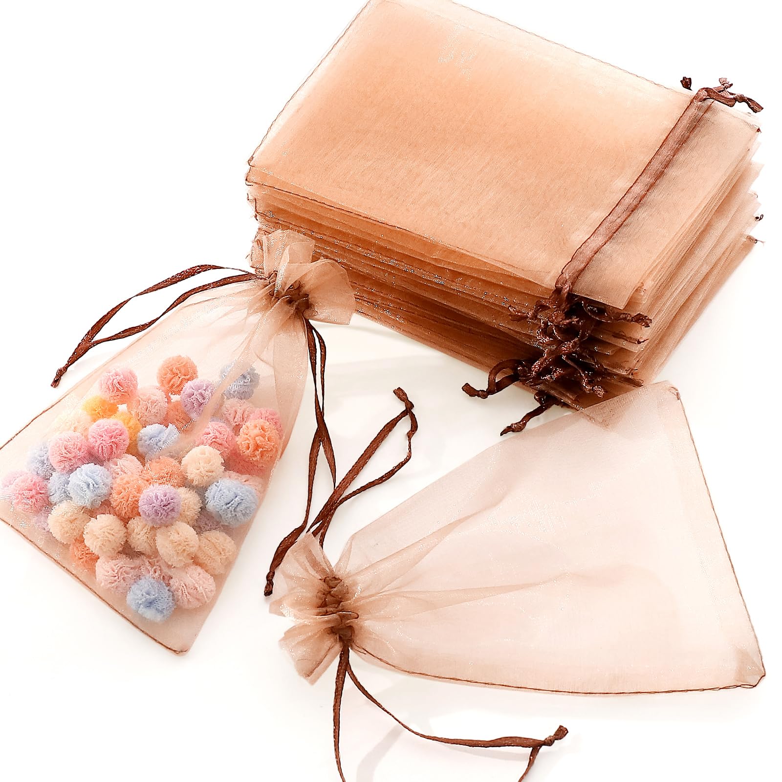 Hopttreely 100pcs Organza Bags, Light Brown 4''x4.72''(10x12cm) Satin Drawstring Organza Pouch Wedding Party Favor Gift Bag Jewelry Watch Bags