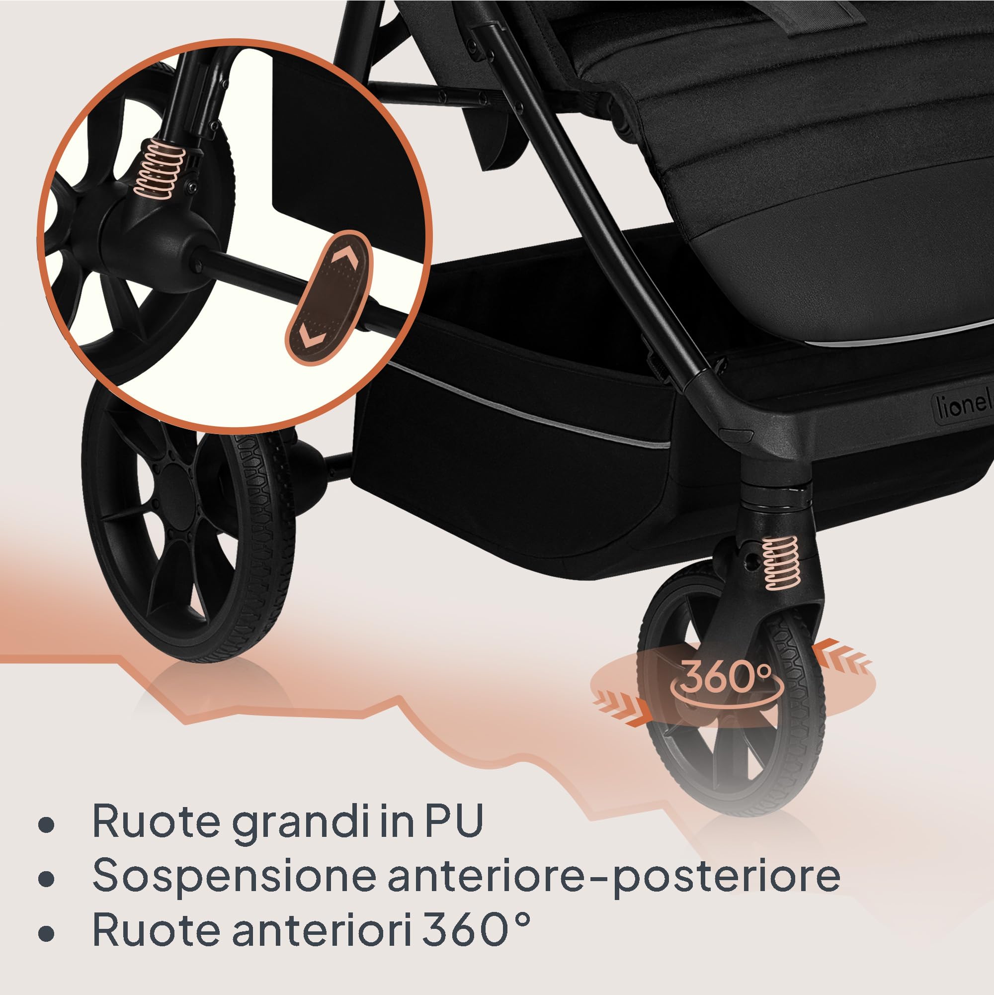 LIONELO Passeggino compatto e laggero MIRA per bambini da 6 mesi a 4 anni/ 22 kg, Ruote girevoli a 360° Sospensione completa, Schienale e Poggiapiedi regolabili, Capottina XXL UPF50+, Ampio cestino