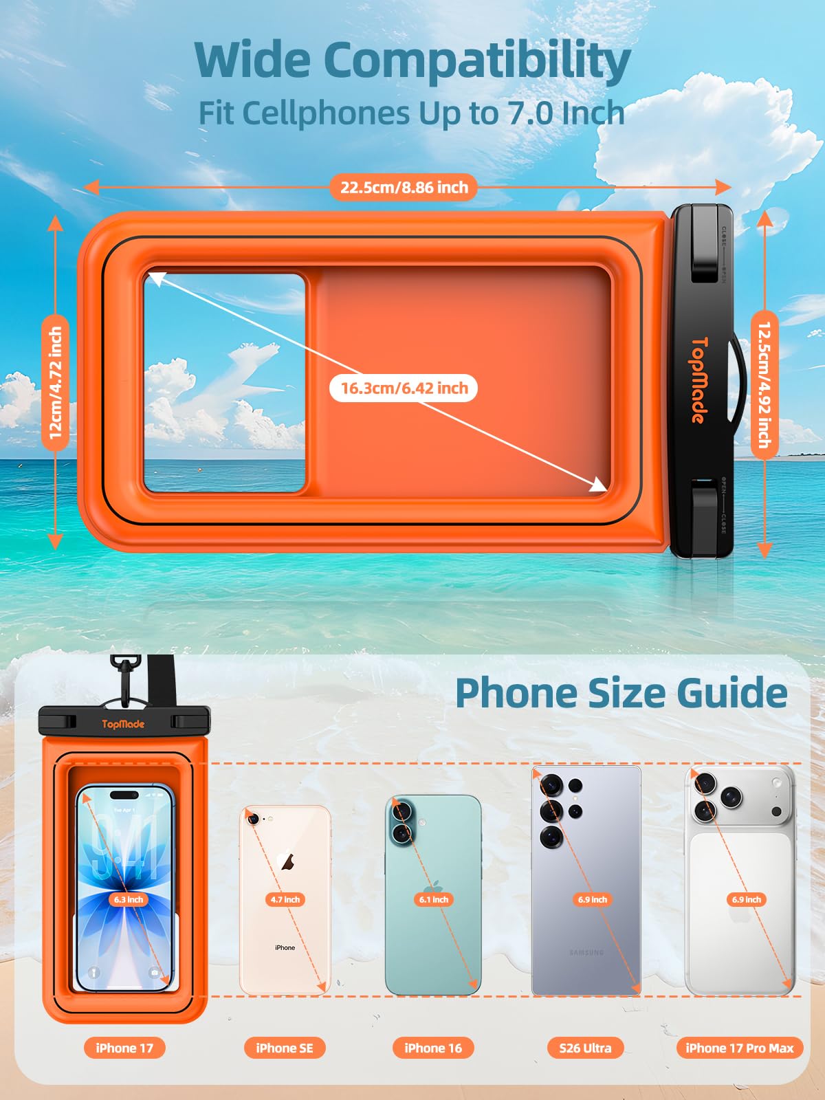TopMade Paquete de 2 fundas flotantes impermeables para teléfono, IP68, para playa, kayak, crucero, viajes, bolsa seca para iPhone 17, 16, 15 Pro Max, Samsung S26 Ultra de hasta 7 pulgadas, color