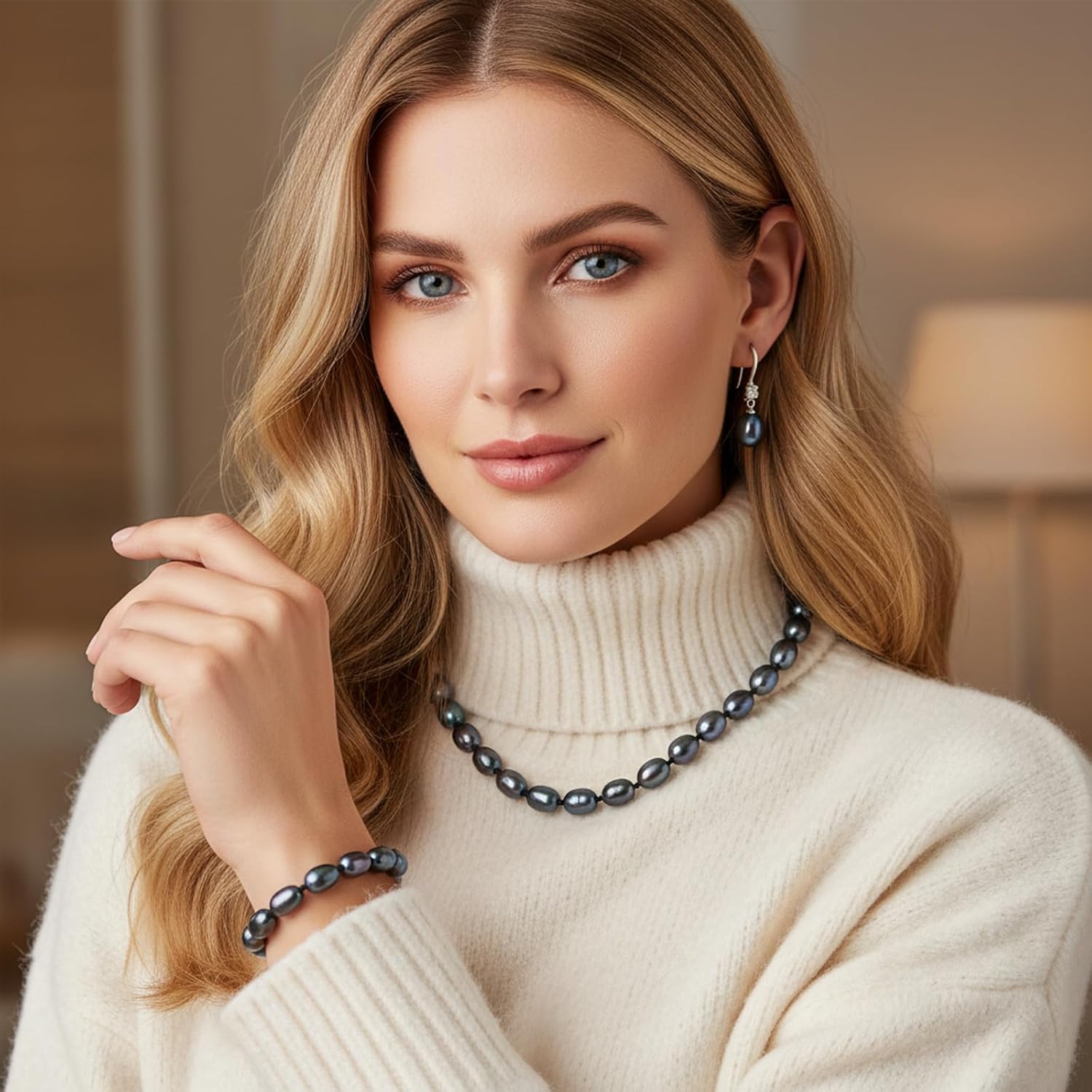 8-9MM Cultured Pearl Necklace Set Includes Bracelet and Hook Earrings, Black/White Pearl Jewelry Gift for Women Mother's Day, Anniversary, Birthday, Wedding - Image 6