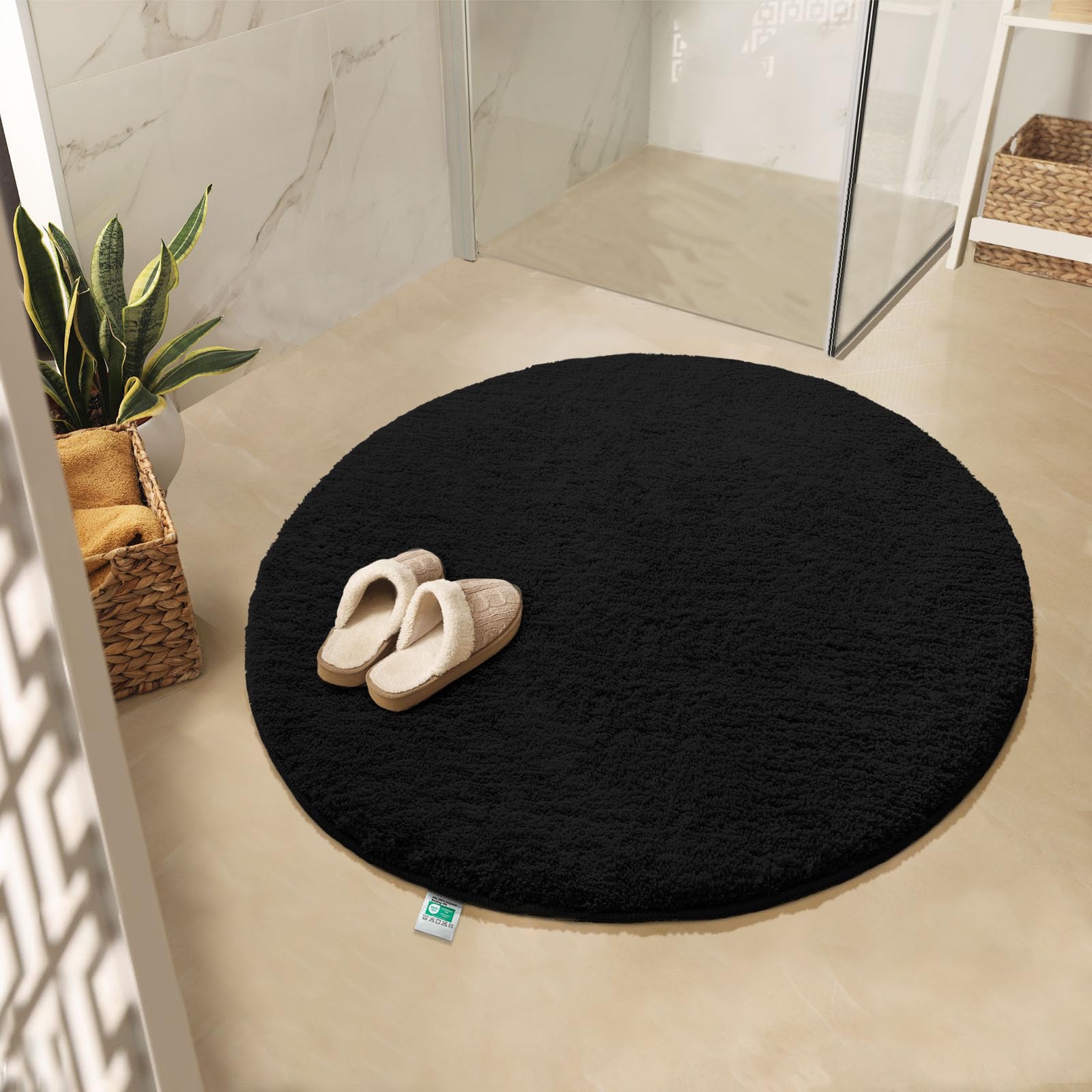 KARAT Sky Round Bath Mat, Dense, Fluffy, Non-Slip, Washable, Black, 120 cm (Round)