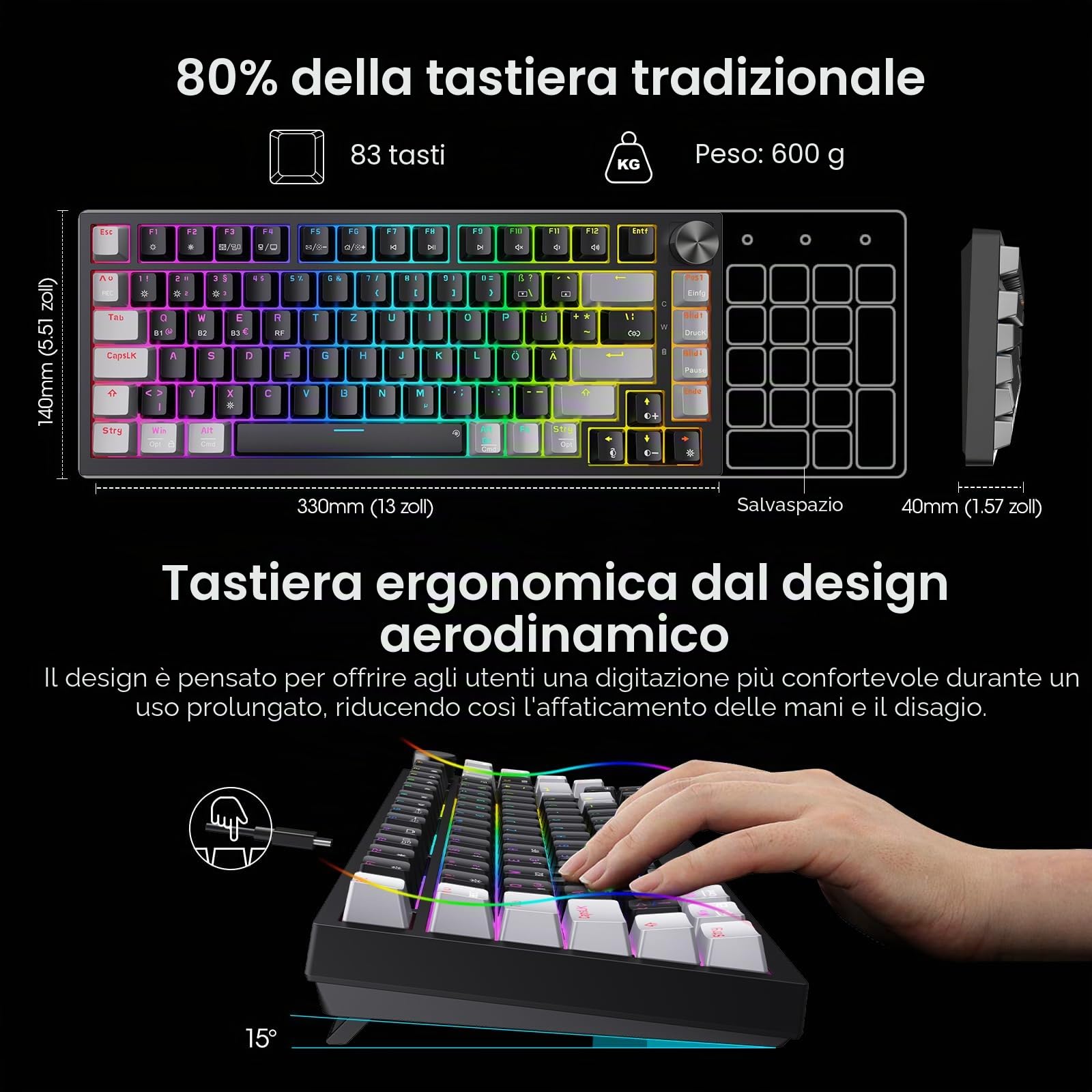 KOORUI Tastiera meccanica, tastiera da gioco senza fili/cablati/Bluetooth 26 RGB ricaricabile 4000 mAh batteria 82 tasti layout tedesco QWERTZ per Windows MacOS Linux interruttore rosso