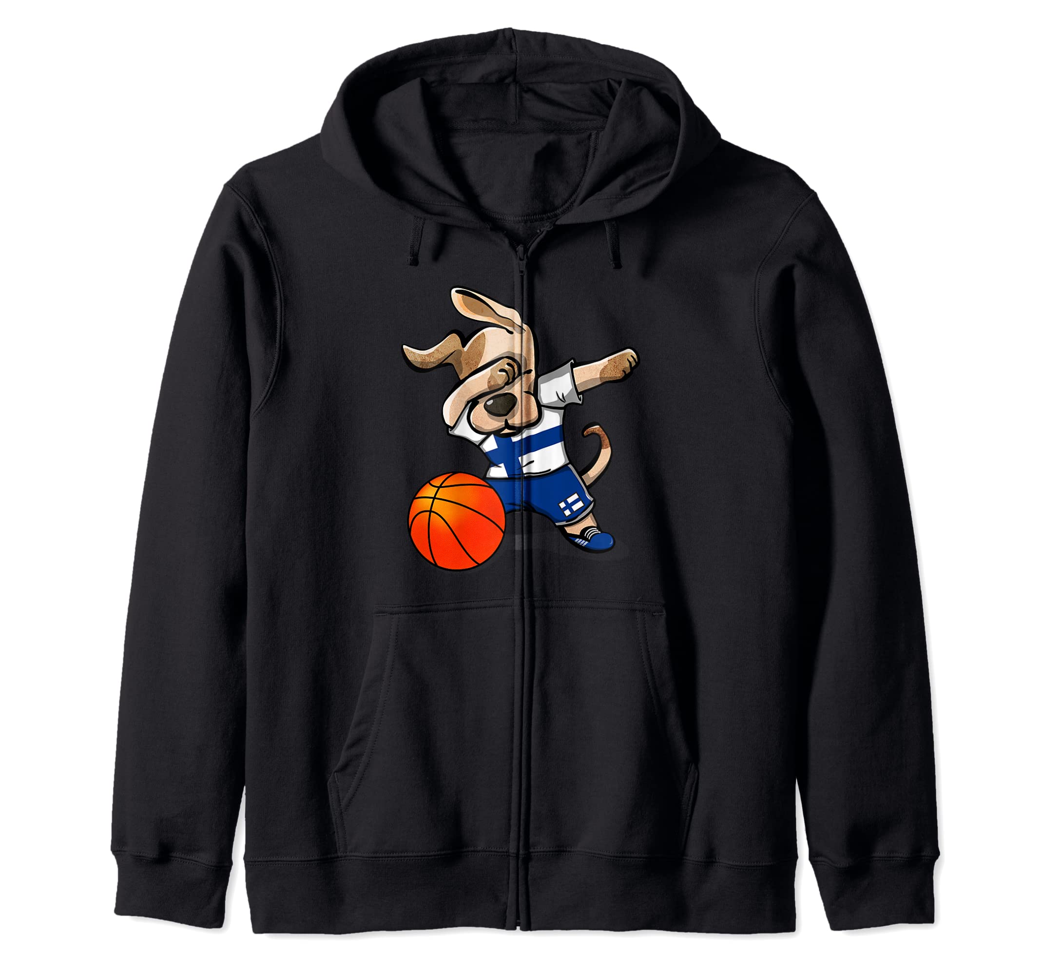 Funny Dabbing Dog Finland Basketball - Finnish Flag Sport Zip Hoodie, Black