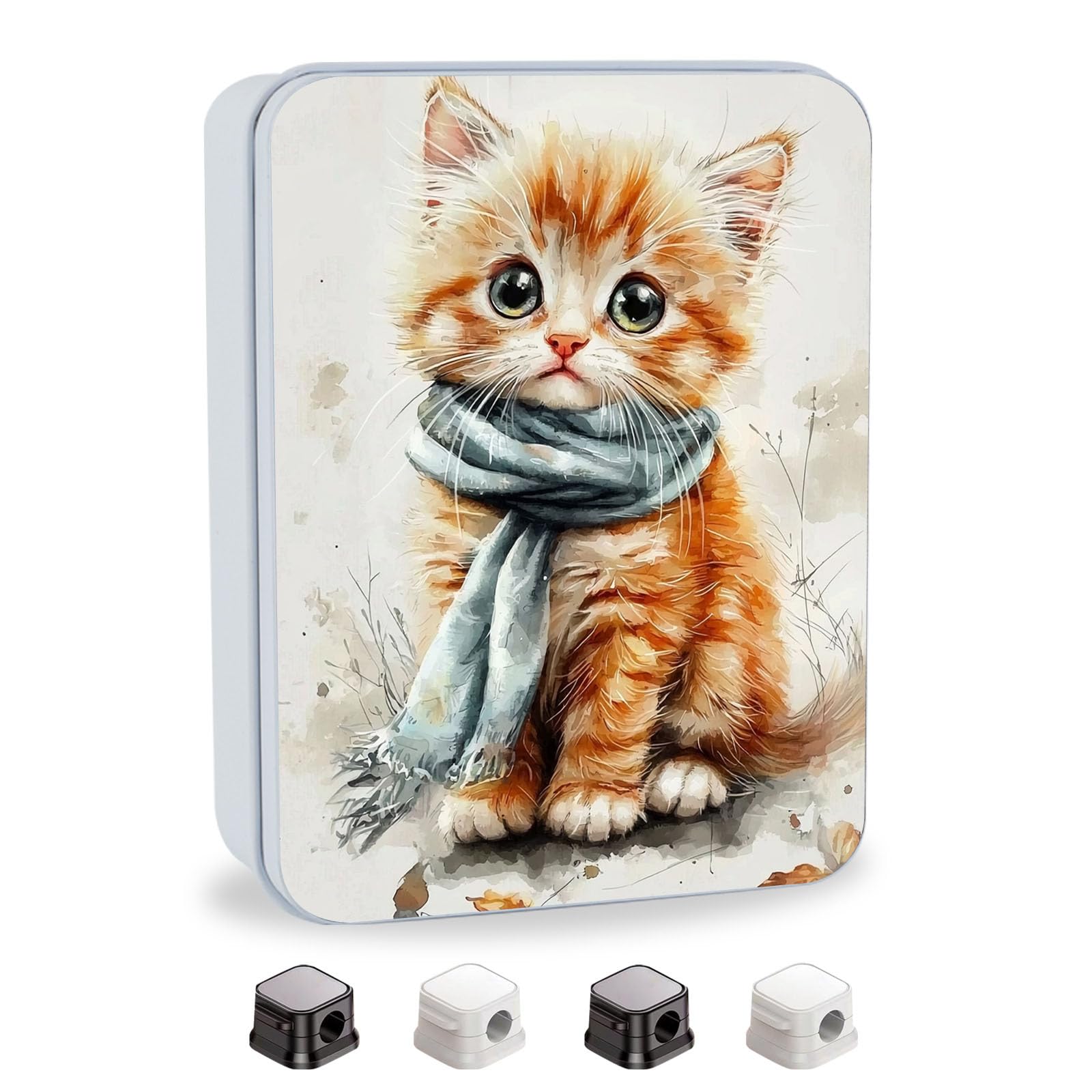 Metal Tin Box with Lid,Multi-functional Storage Box Can Store Tea Biscuits Game Cards, Playing &amp; Tarot Cards-Comes with 4 Magnetic Cord Clips,Kitten with Blue Scarf
