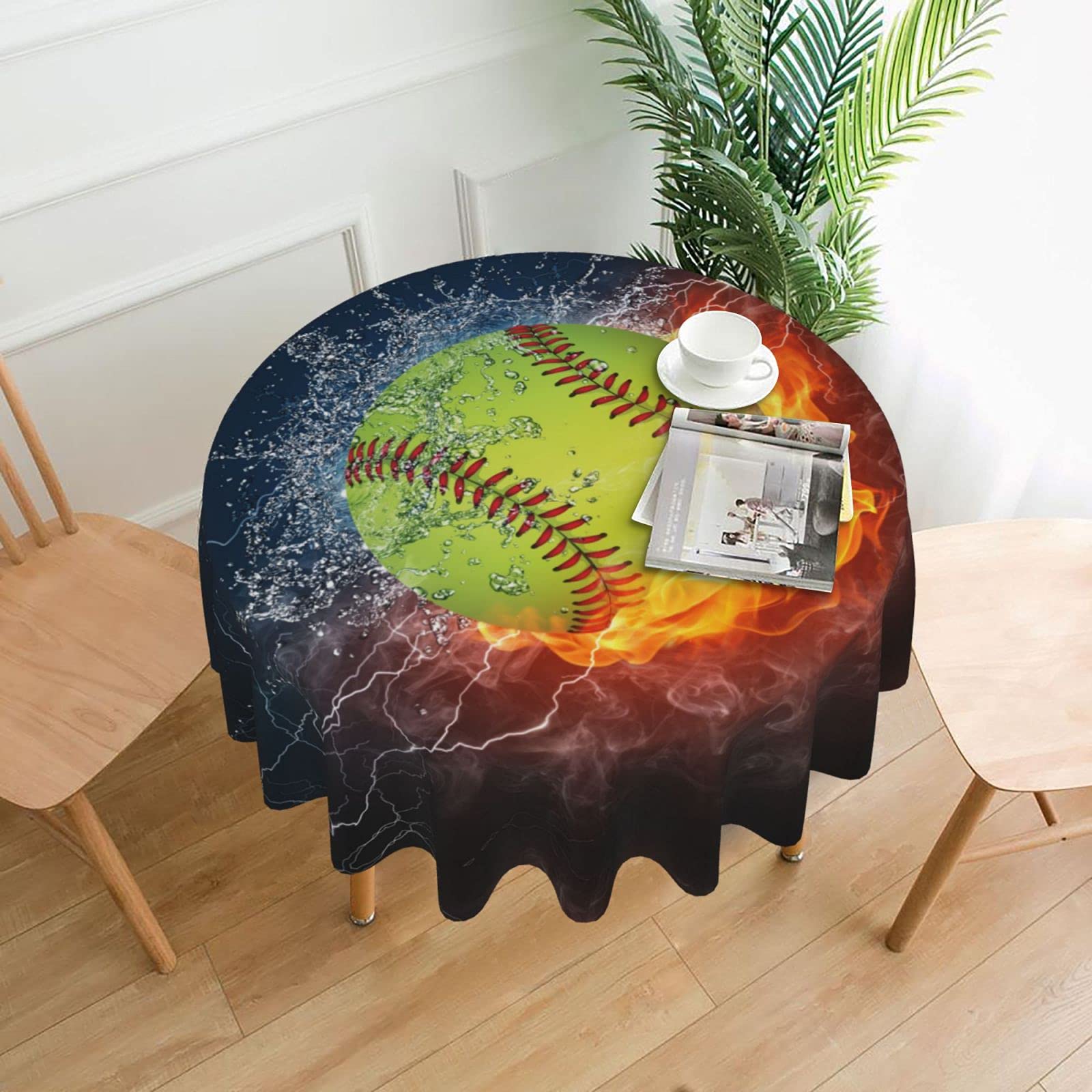 Lawenp Orange Softball Baseball On Fire and Water Decorative Round Table Cloths - 60 Inches in Diameter for Buffet Tables, Parties, Holiday Dinners.