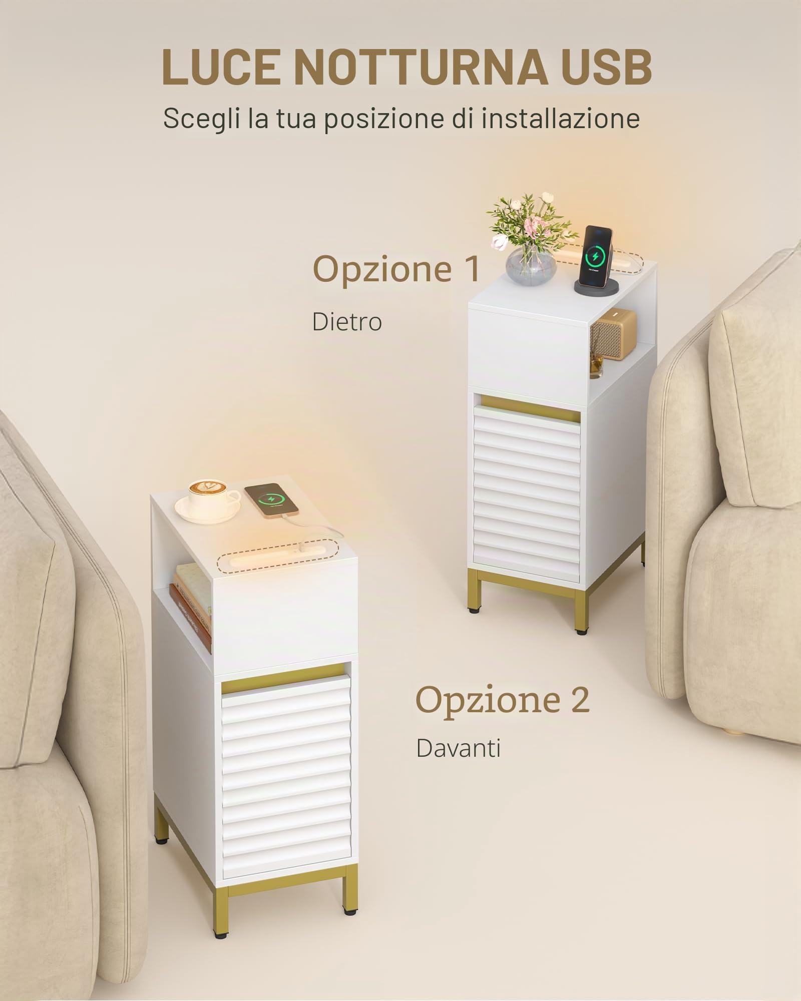 Hzuaneri set da 2 Comodino, tavolino stretto con illuminazione a LED, 1 porta USB-A, 1 porta USB-C, comodino con scomparto laterale aperto, per camera da letto, soggiorno, Bianco-Oro NS00603G