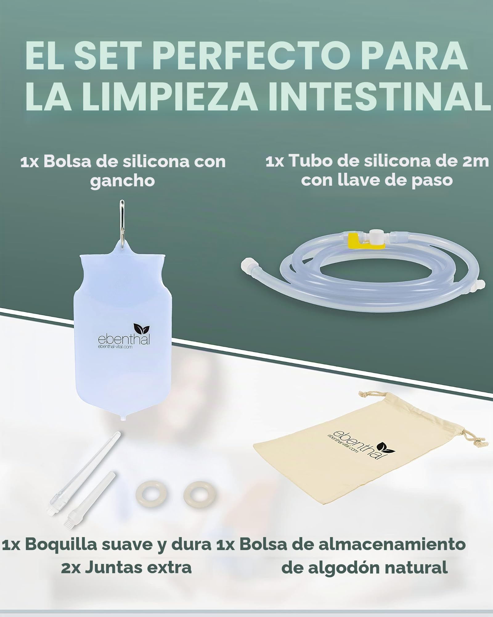 Enemas anales Premium EBENTHAL VITAL® • 2l para limpieza de colon con bolsa práctica e instrucciones • Enema anal • Juego de alimentación para el ayuno